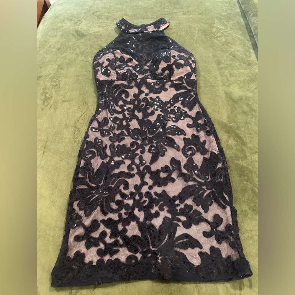 Windsor Black Sequin & Lace Mini Bodycon with High Neck